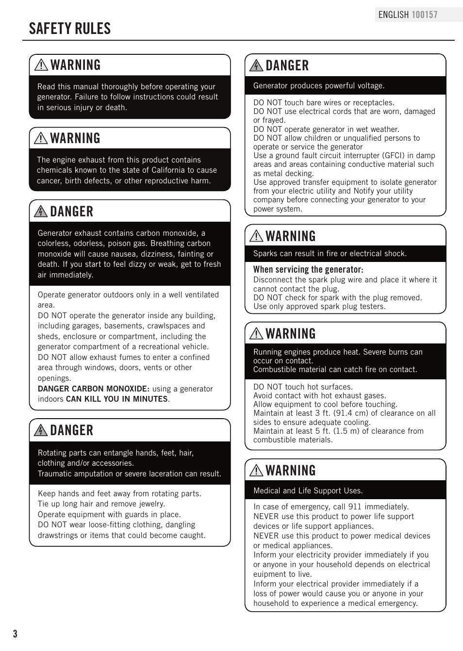 Safety rules, Danger, Warning | Champion Power Equipment 100157 User Manual | Page 6 / 29