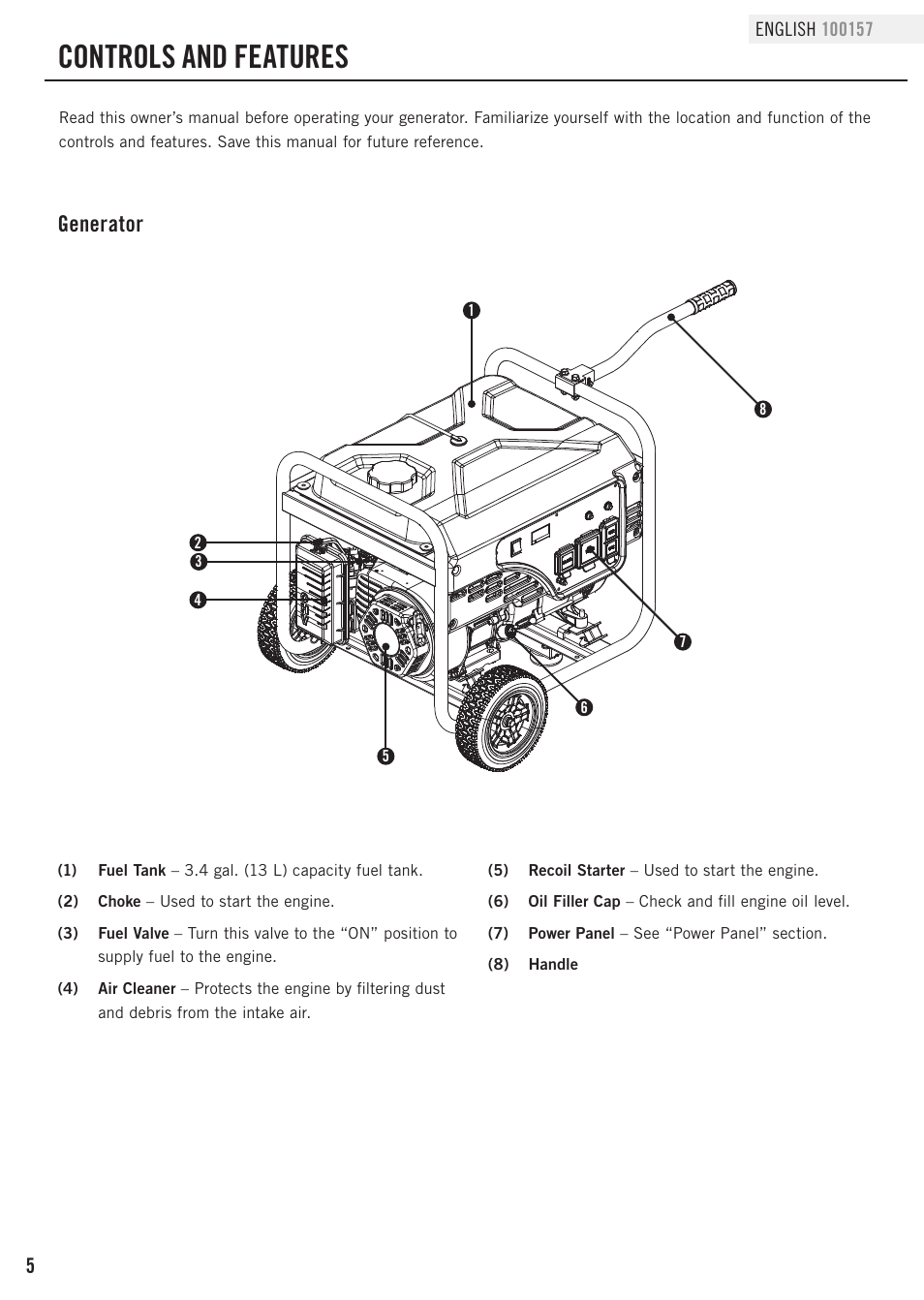 Controls and features, Generator | Champion Power Equipment 100157 User Manual | Page 8 / 29