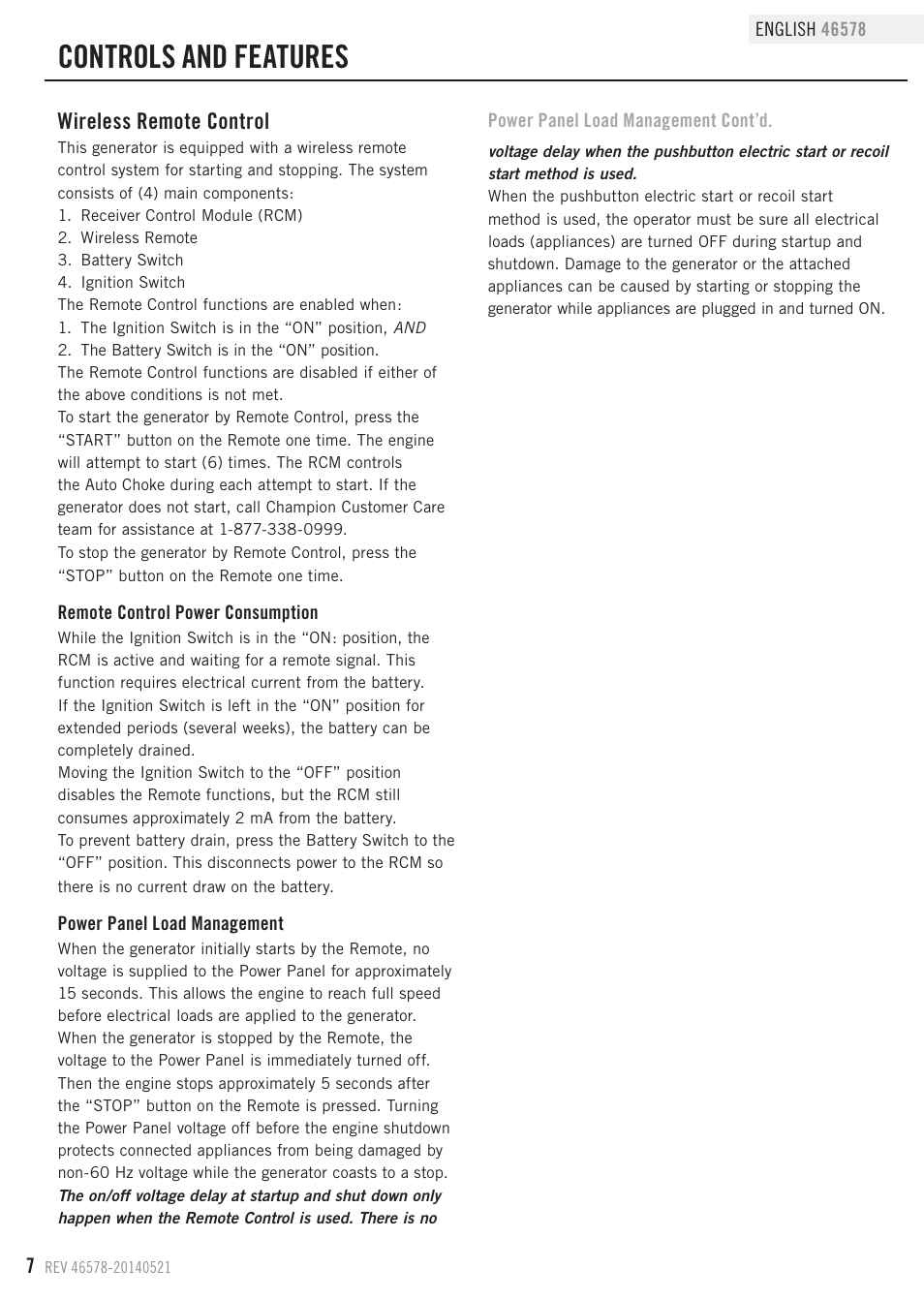 Controls and features, Wireless remote control | Champion Power Equipment 46578 User Manual | Page 10 / 32