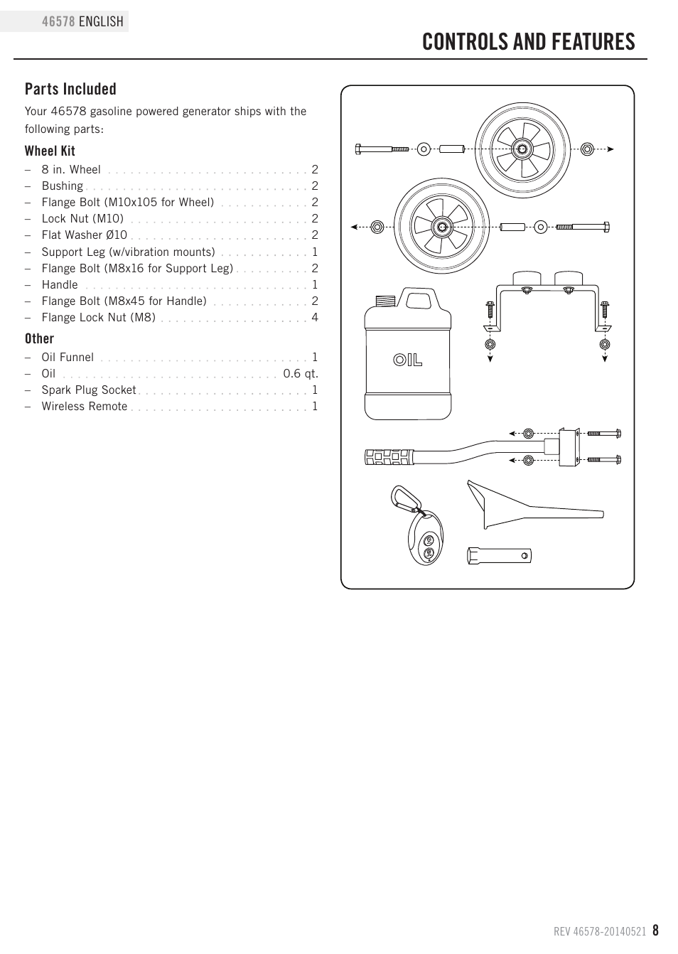 Controls and features, Parts included | Champion Power Equipment 46578 User Manual | Page 11 / 32