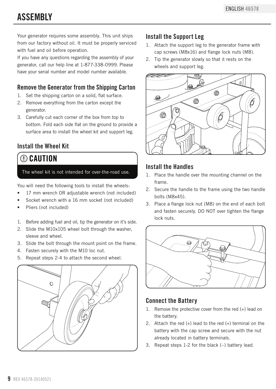 Assembly, Caution, Install the handles | Remove the generator from the shipping carton, Install the wheel kit, Install the support leg, Connect the battery | Champion Power Equipment 46578 User Manual | Page 12 / 32