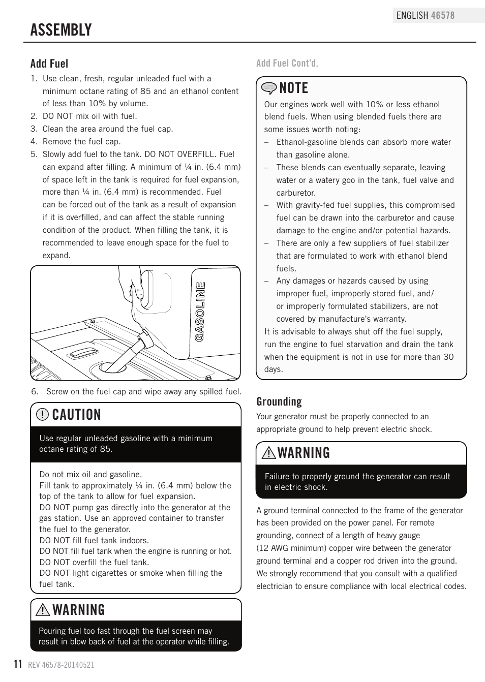 Assembly, Warning, Caution | Grounding, Add fuel | Champion Power Equipment 46578 User Manual | Page 14 / 32