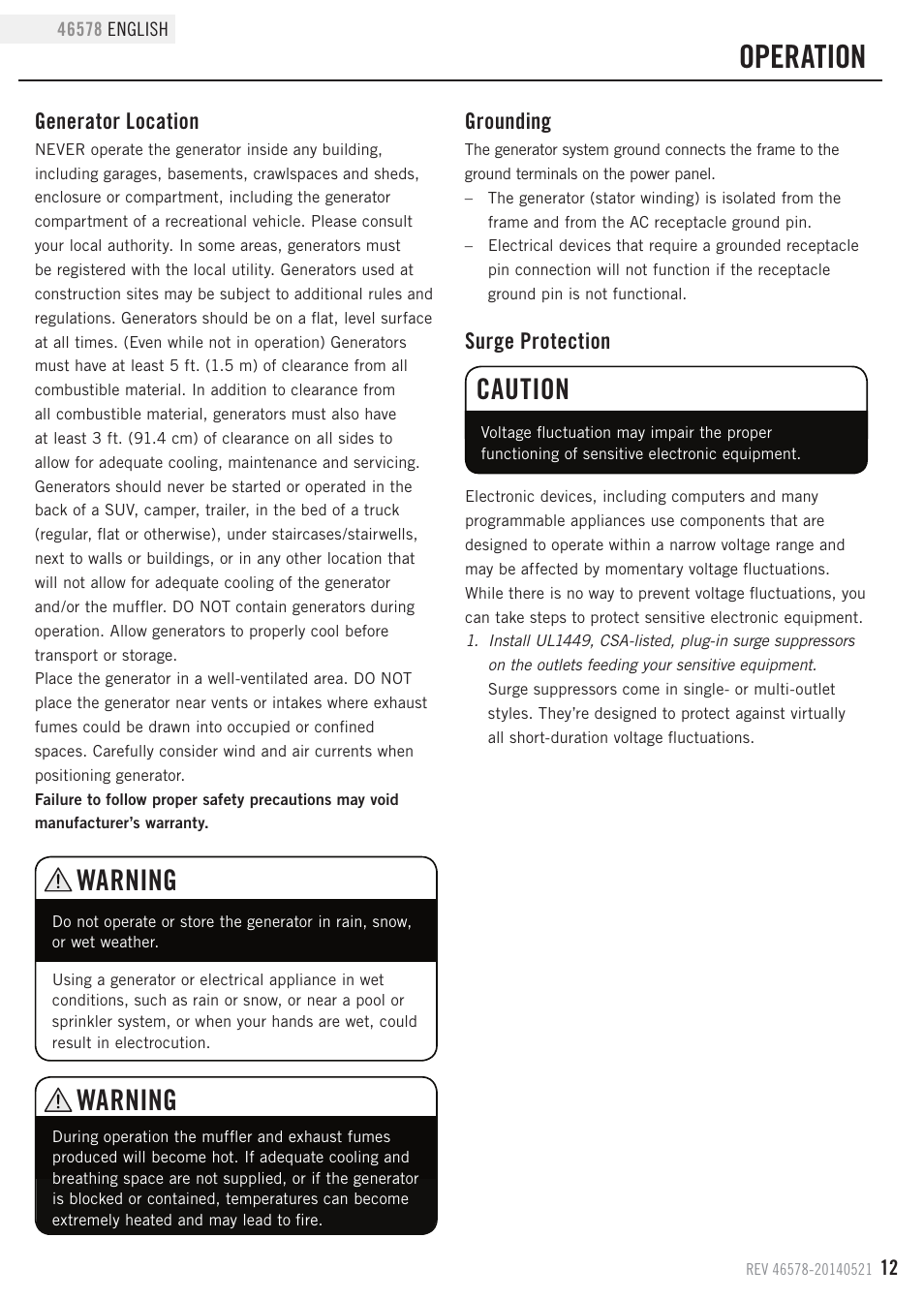 Operation, Warning, Caution | Generator location, Surge protection, Grounding | Champion Power Equipment 46578 User Manual | Page 15 / 32