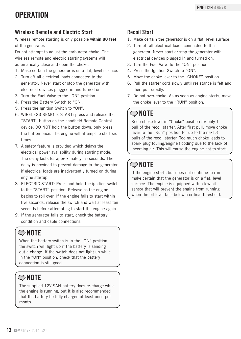 Operation, Wireless remote and electric start, Recoil start | Champion Power Equipment 46578 User Manual | Page 16 / 32