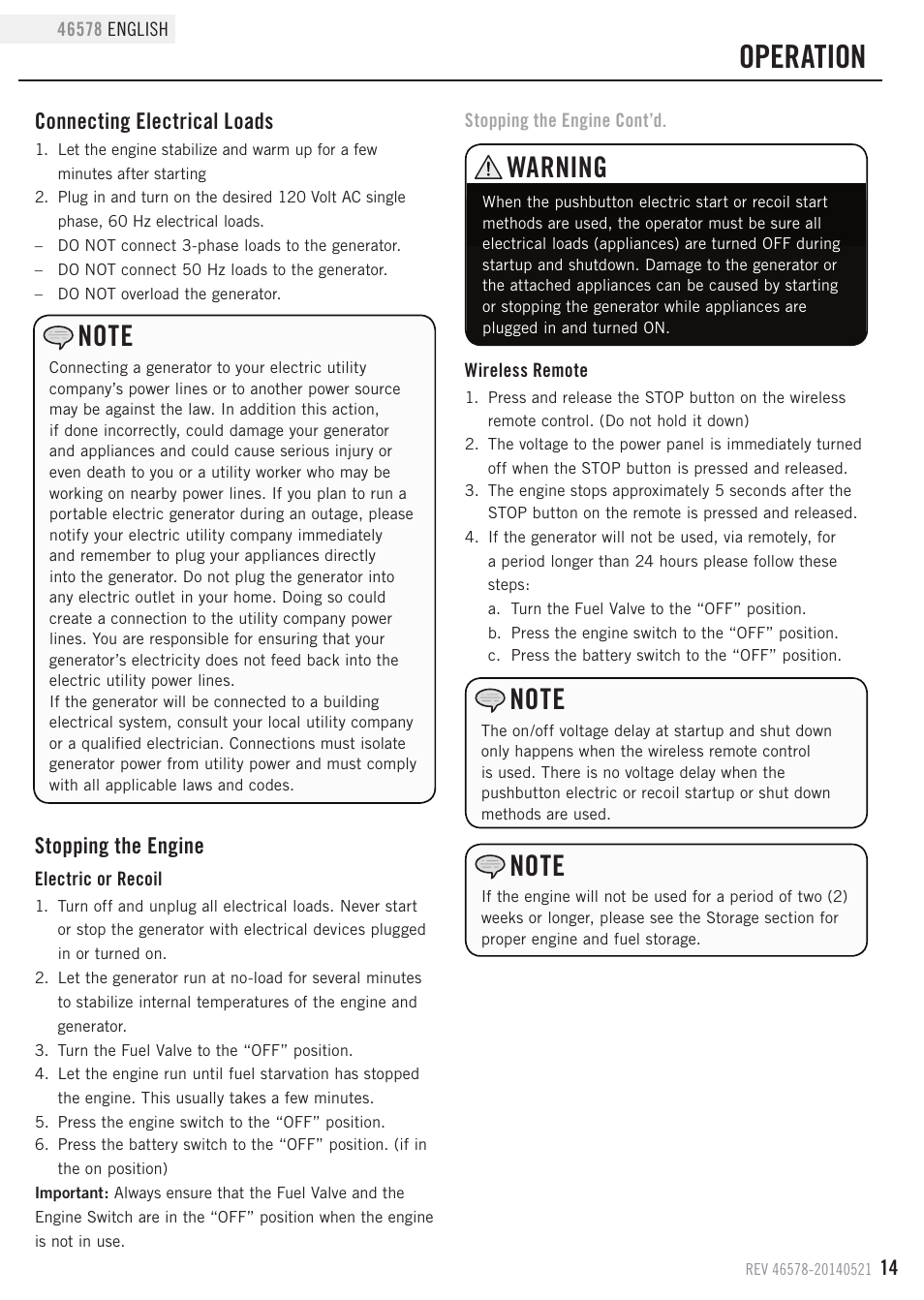 Operation, Warning, Connecting electrical loads | Stopping the engine | Champion Power Equipment 46578 User Manual | Page 17 / 32