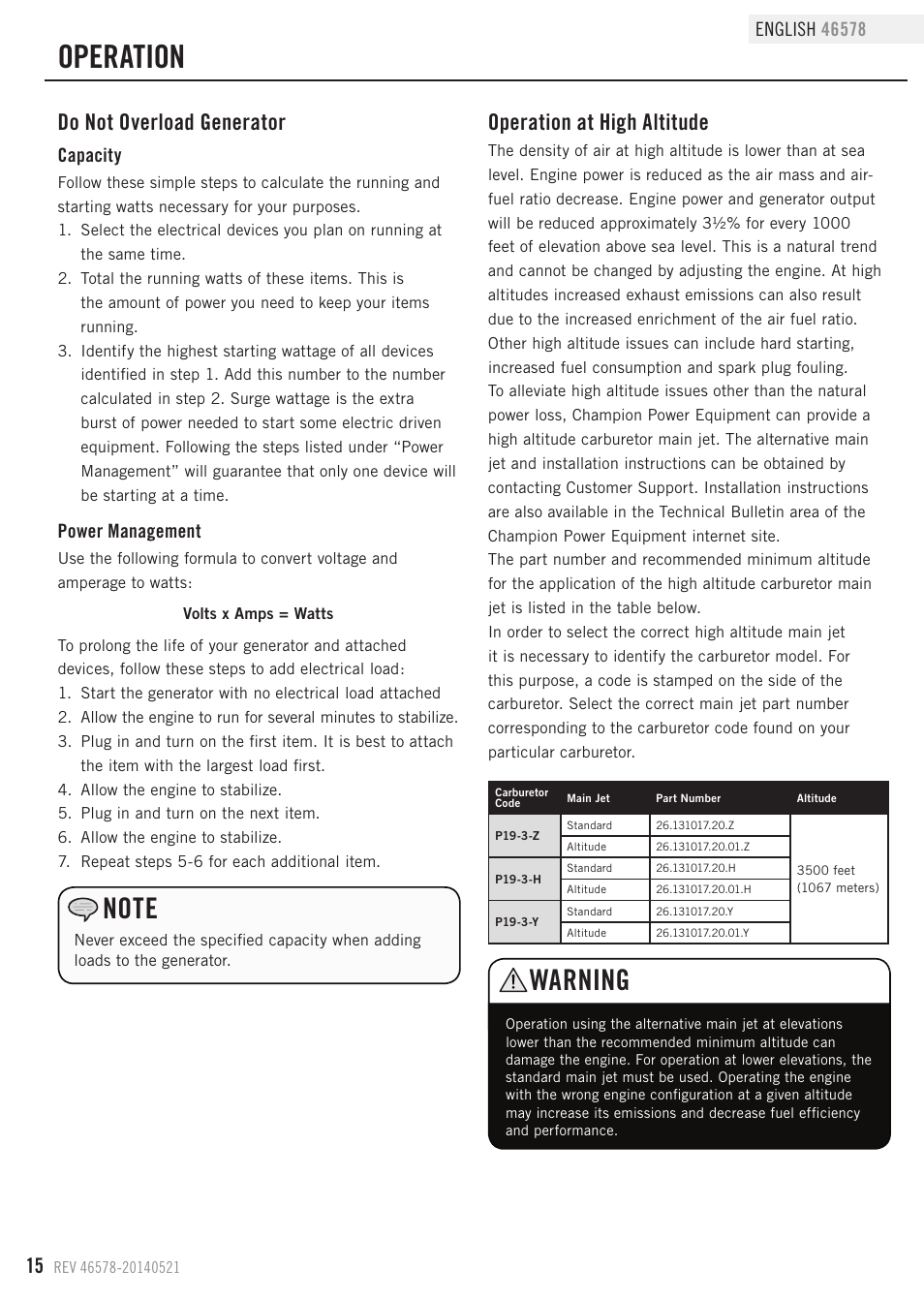 Operation, Warning, Do not overload generator | Operation at high altitude, Capacity, Power management | Champion Power Equipment 46578 User Manual | Page 18 / 32