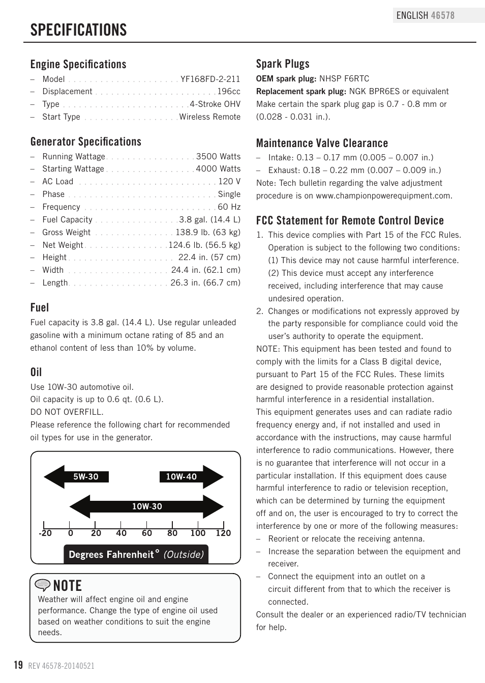 Specifications, Engine specifications, Fcc statement for remote control device | Fuel, Generator specifications, Maintenance valve clearance, Spark plugs | Champion Power Equipment 46578 User Manual | Page 22 / 32