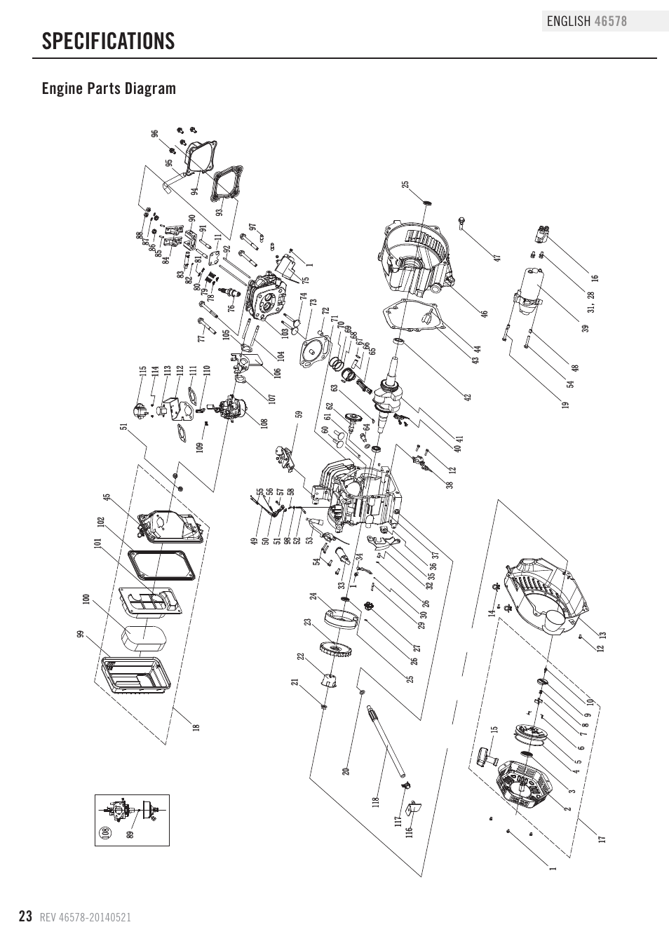 Specifications, Engine parts diagram | Champion Power Equipment 46578 User Manual | Page 26 / 32