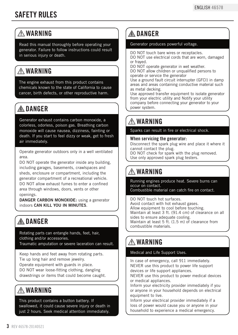 Safety rules, Danger, Warning | Champion Power Equipment 46578 User Manual | Page 6 / 32