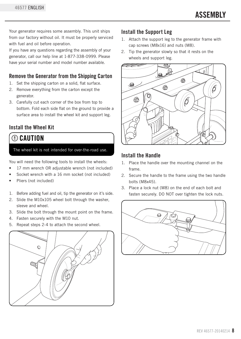 Assembly, Caution, Remove the generator from the shipping carton | Install the wheel kit, Install the support leg, Install the handle | Champion Power Equipment 46577 User Manual | Page 11 / 30