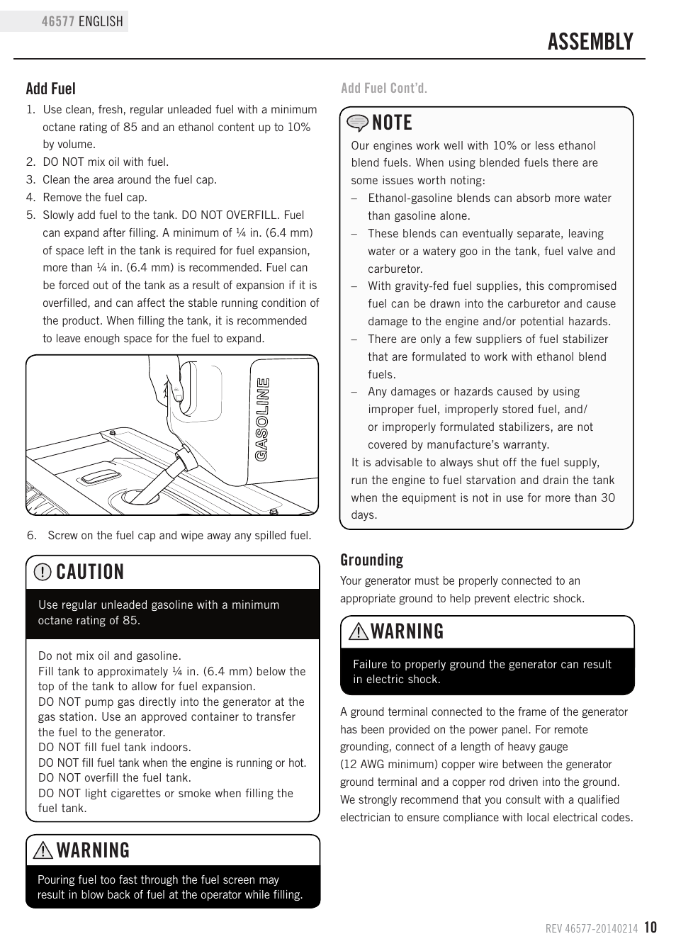 Assembly, Warning, Caution | Grounding, Add fuel | Champion Power Equipment 46577 User Manual | Page 13 / 30