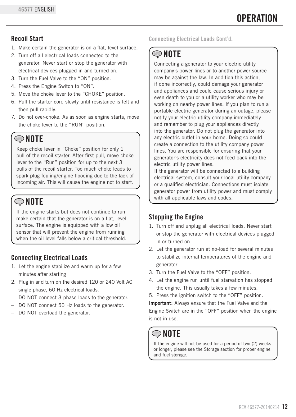 Operation, Connecting electrical loads, Stopping the engine | Recoil start | Champion Power Equipment 46577 User Manual | Page 15 / 30