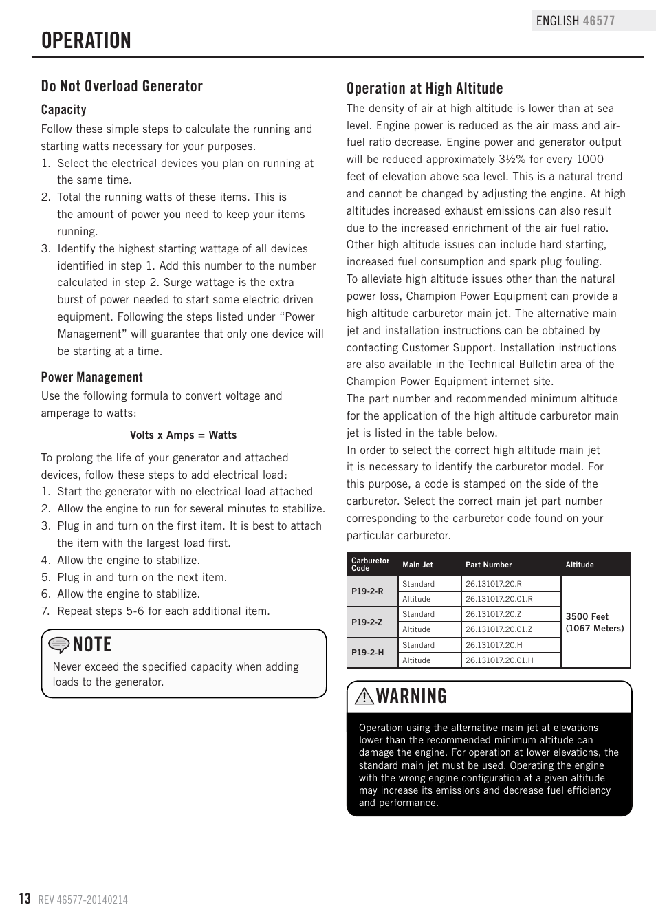 Operation, Warning, Do not overload generator | Operation at high altitude, Capacity, Power management | Champion Power Equipment 46577 User Manual | Page 16 / 30