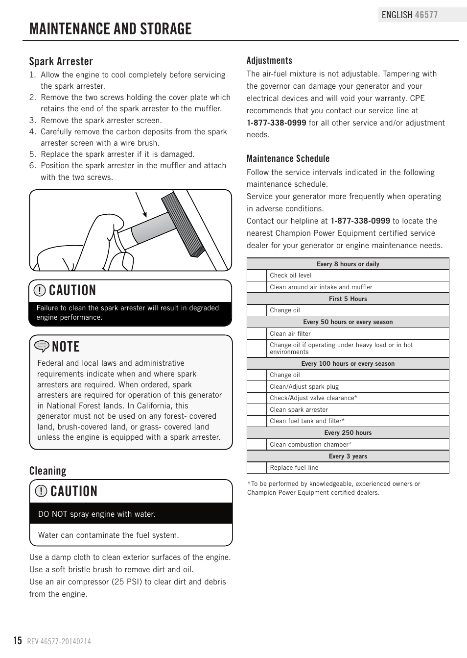 Maintenance and storage, Caution, Cleaning | Spark arrester | Champion Power Equipment 46577 User Manual | Page 18 / 30