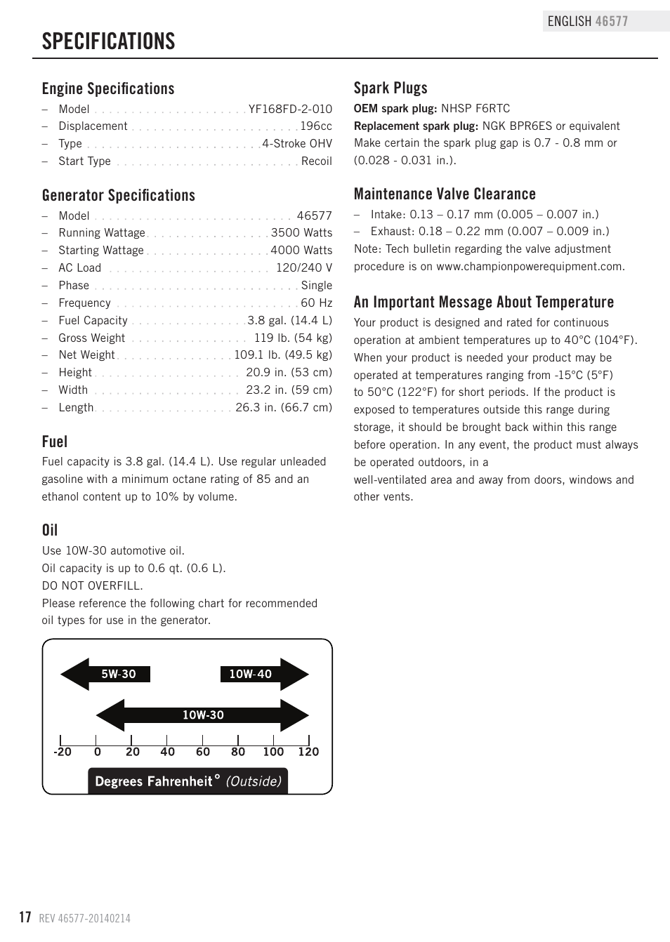 Specifications, Engine specifications, Fuel | Generator specifications, Maintenance valve clearance, Spark plugs, An important message about temperature | Champion Power Equipment 46577 User Manual | Page 20 / 30