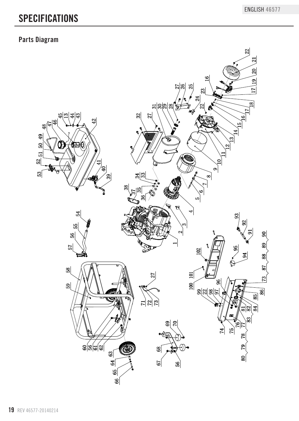 Specifications, Parts diagram | Champion Power Equipment 46577 User Manual | Page 22 / 30