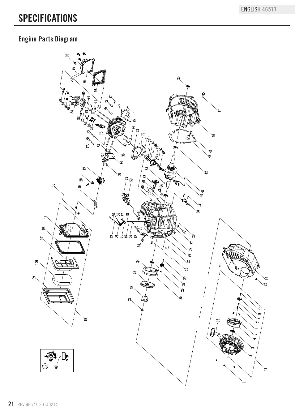 Specifications, Engine parts diagram | Champion Power Equipment 46577 User Manual | Page 24 / 30