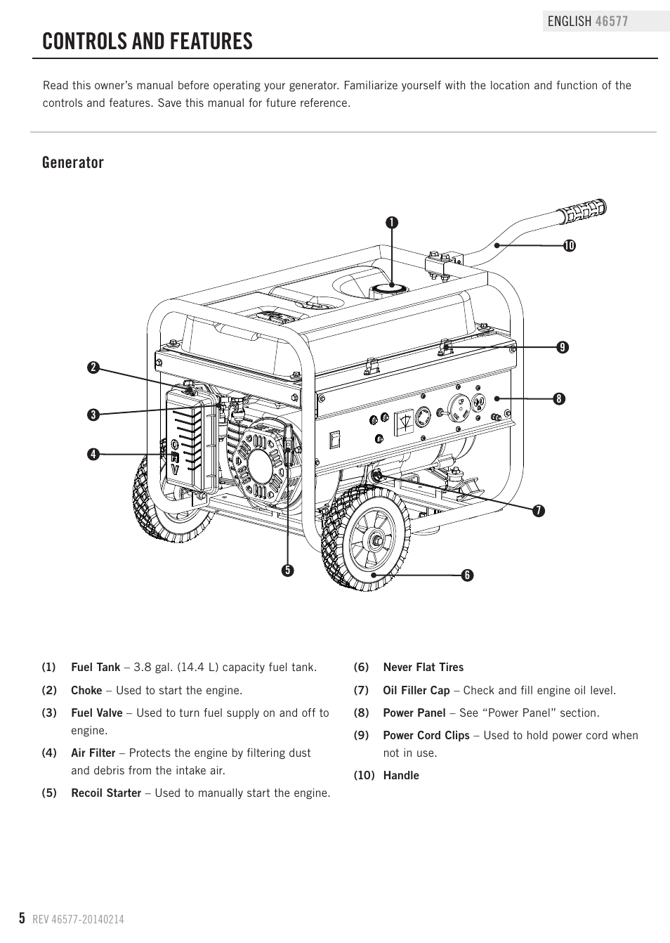 Controls and features, Generator | Champion Power Equipment 46577 User Manual | Page 8 / 30