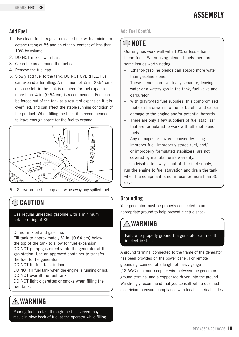 Assembly, Warning, Caution | Grounding, Add fuel | Champion Power Equipment 46593 User Manual | Page 13 / 30