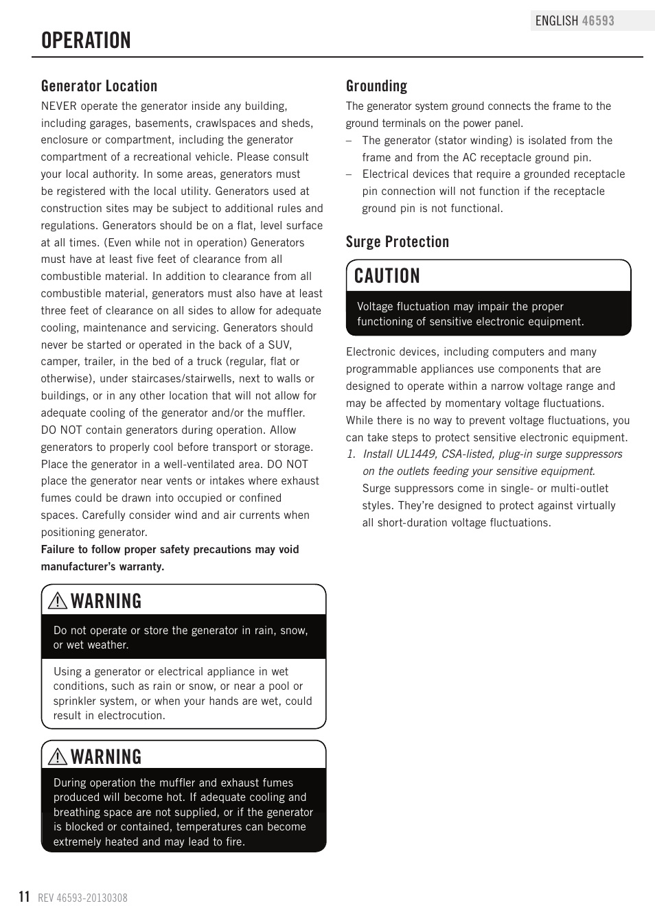 Operation, Warning, Caution | Generator location, Surge protection, Grounding | Champion Power Equipment 46593 User Manual | Page 14 / 30