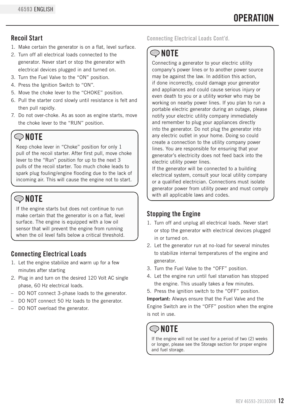 Operation, Connecting electrical loads, Stopping the engine | Recoil start | Champion Power Equipment 46593 User Manual | Page 15 / 30