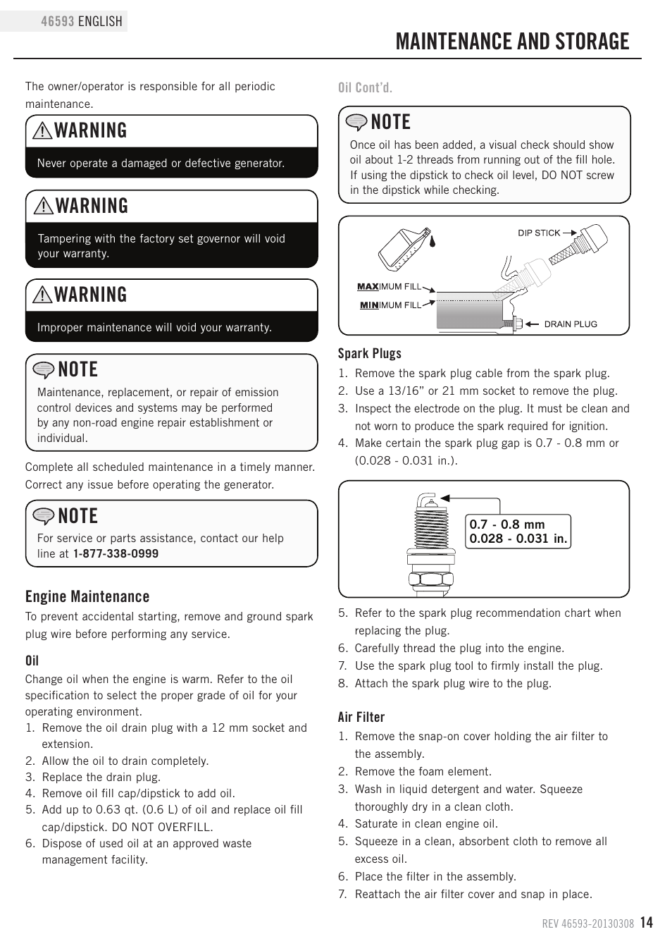 Maintenance and storage, Warning, Engine maintenance | Champion Power Equipment 46593 User Manual | Page 17 / 30