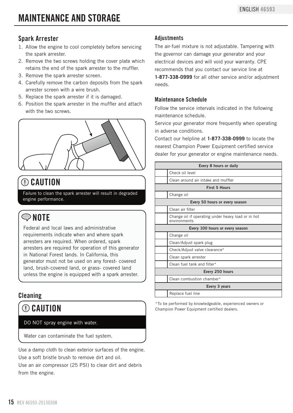 Maintenance and storage, Caution, Cleaning | Spark arrester | Champion Power Equipment 46593 User Manual | Page 18 / 30