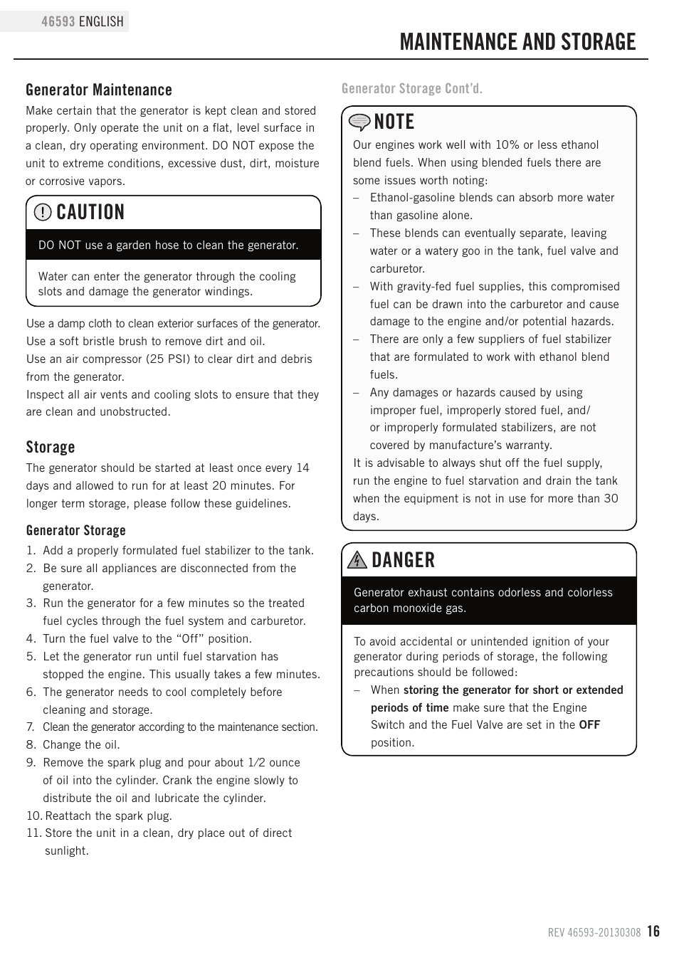 Maintenance and storage, Caution, Danger | Generator maintenance, Storage | Champion Power Equipment 46593 User Manual | Page 19 / 30