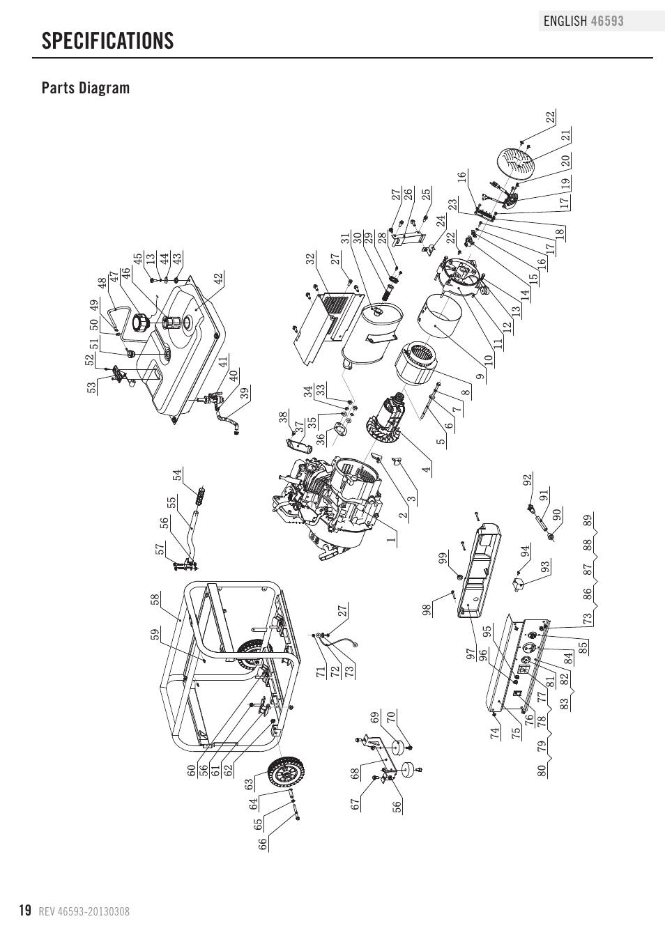 Specifications, Parts diagram | Champion Power Equipment 46593 User Manual | Page 22 / 30