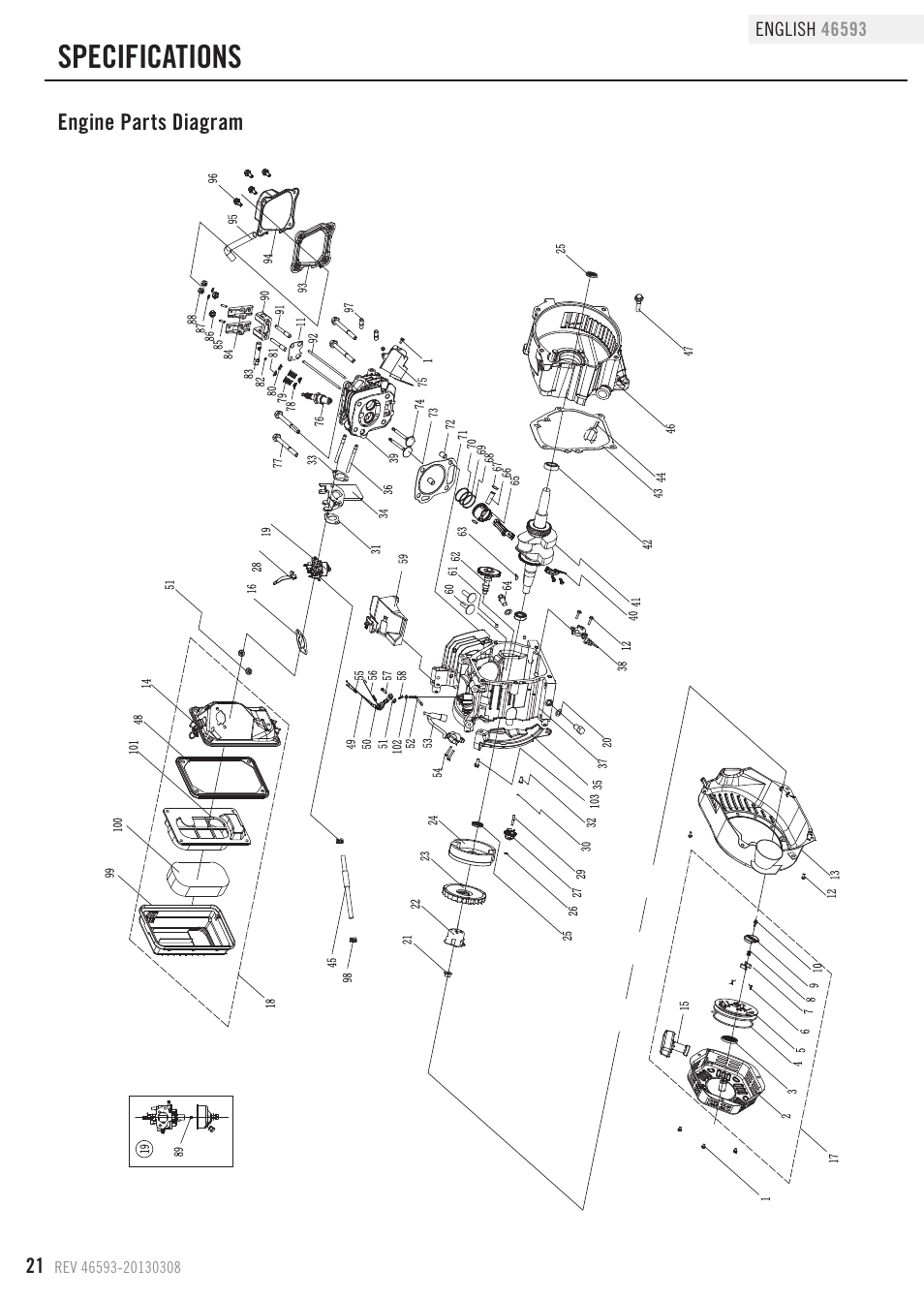 Specifications, Engine parts diagram | Champion Power Equipment 46593 User Manual | Page 24 / 30