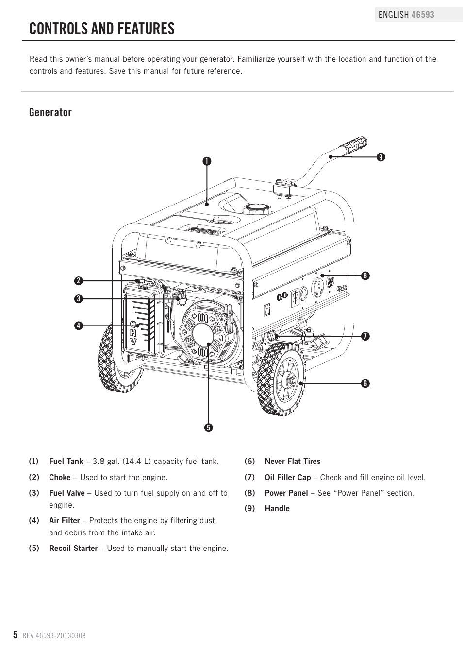 Controls and features, Generator | Champion Power Equipment 46593 User Manual | Page 8 / 30