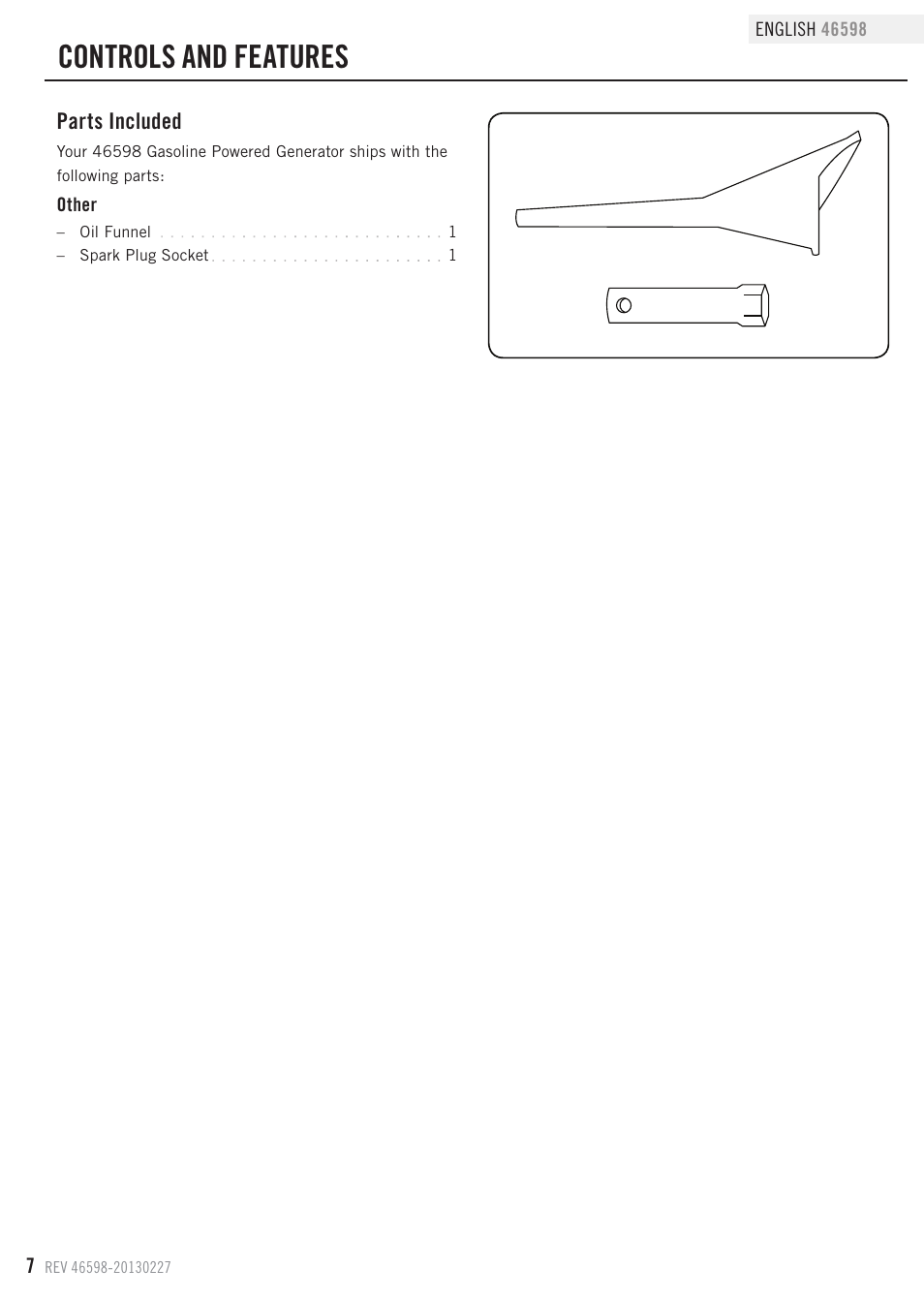 Controls and features, Parts included | Champion Power Equipment 46598 User Manual | Page 10 / 29