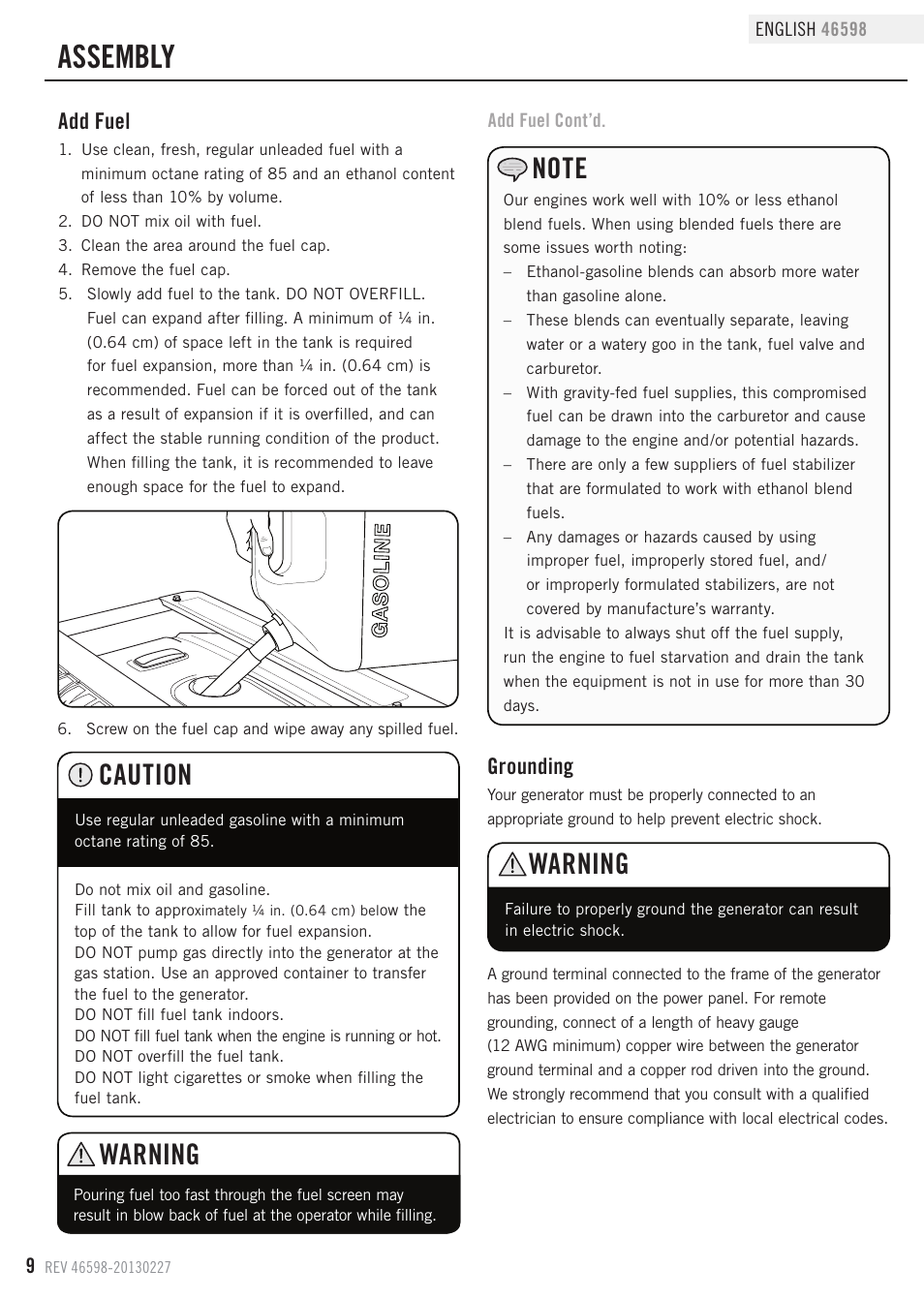 Assembly, Warning, Caution | Add fuel, Grounding | Champion Power Equipment 46598 User Manual | Page 12 / 29