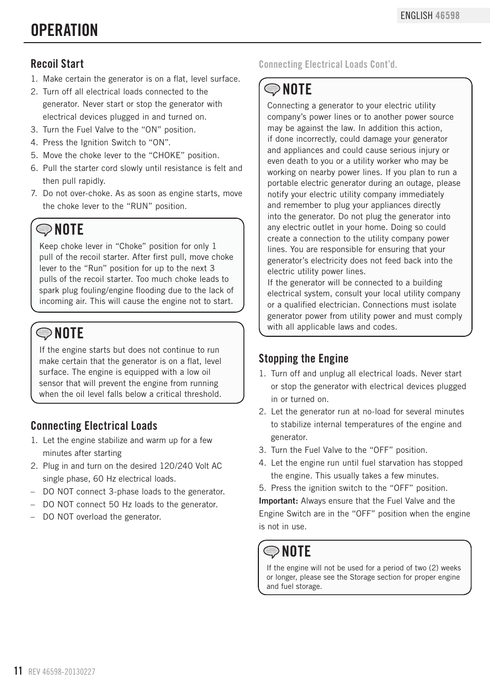 Operation, Connecting electrical loads, Stopping the engine | Recoil start | Champion Power Equipment 46598 User Manual | Page 14 / 29