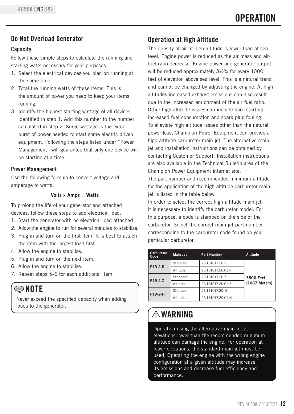 Operation, Warning, Do not overload generator | Operation at high altitude, Capacity, Power management | Champion Power Equipment 46598 User Manual | Page 15 / 29