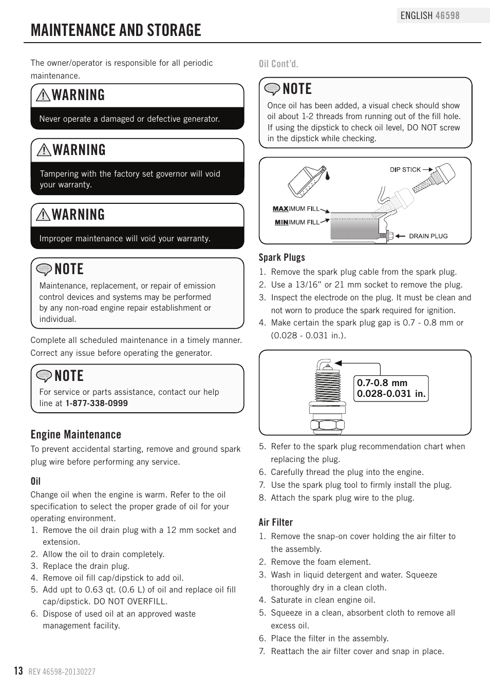 Maintenance and storage, Warning, Engine maintenance | Champion Power Equipment 46598 User Manual | Page 16 / 29