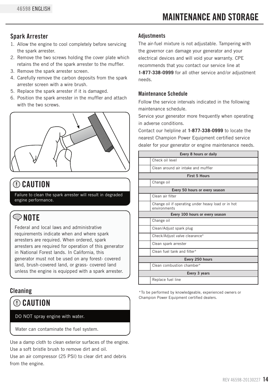 Maintenance and storage, Caution, Cleaning | Spark arrester | Champion Power Equipment 46598 User Manual | Page 17 / 29