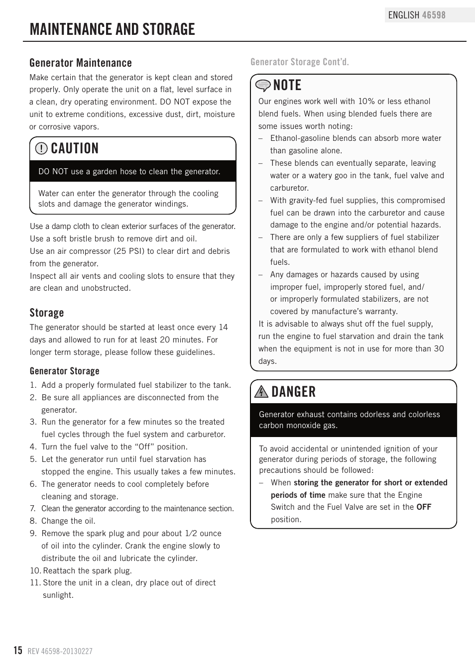 Maintenance and storage, Caution, Danger | Generator maintenance, Storage | Champion Power Equipment 46598 User Manual | Page 18 / 29