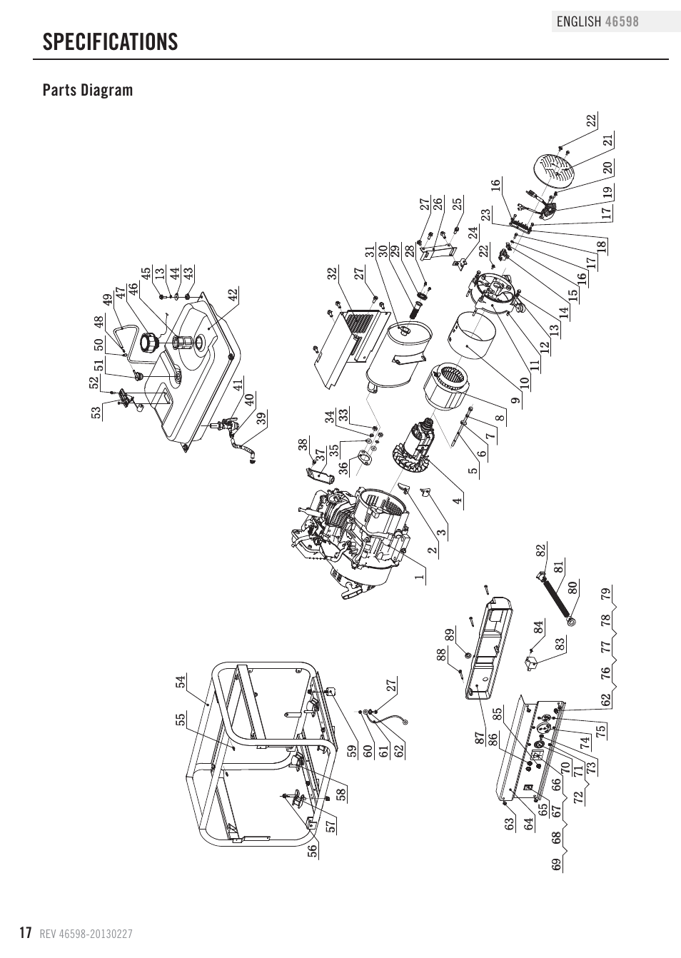 Specifications, Parts diagram | Champion Power Equipment 46598 User Manual | Page 20 / 29