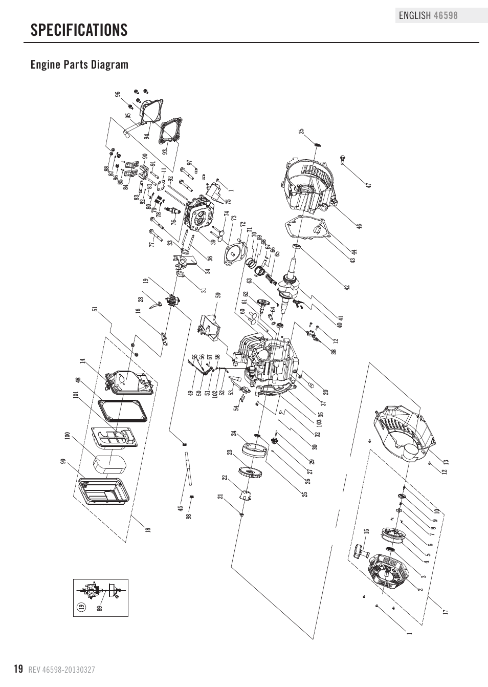 Specifications, Engine parts diagram | Champion Power Equipment 46598 User Manual | Page 22 / 29