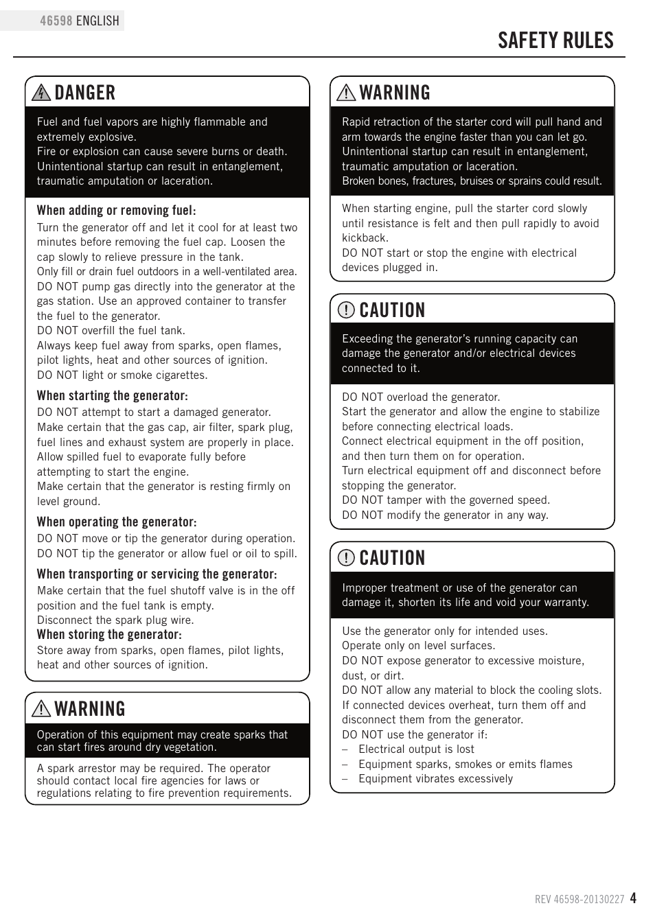 Safety rules, Caution, Warning | Danger | Champion Power Equipment 46598 User Manual | Page 7 / 29