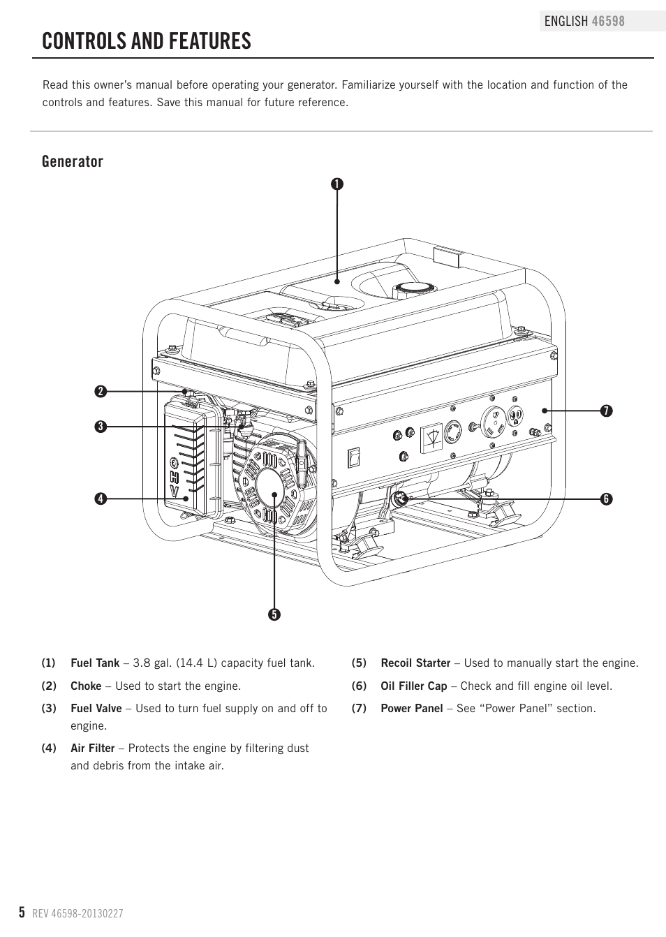 Controls and features, Generator | Champion Power Equipment 46598 User Manual | Page 8 / 29