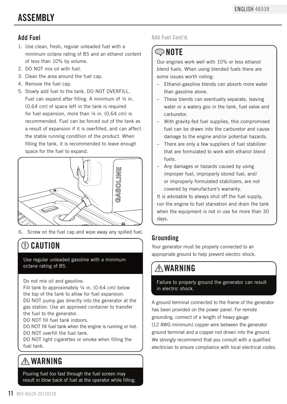 Assembly, Warning, Caution | Grounding, Add fuel | Champion Power Equipment 46539 User Manual | Page 14 / 32