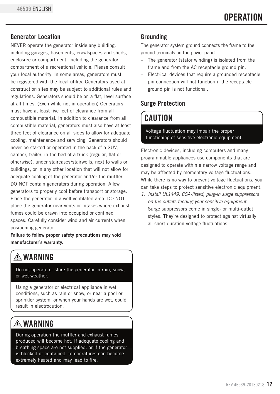 Operation, Warning, Caution | Generator location, Surge protection, Grounding | Champion Power Equipment 46539 User Manual | Page 15 / 32