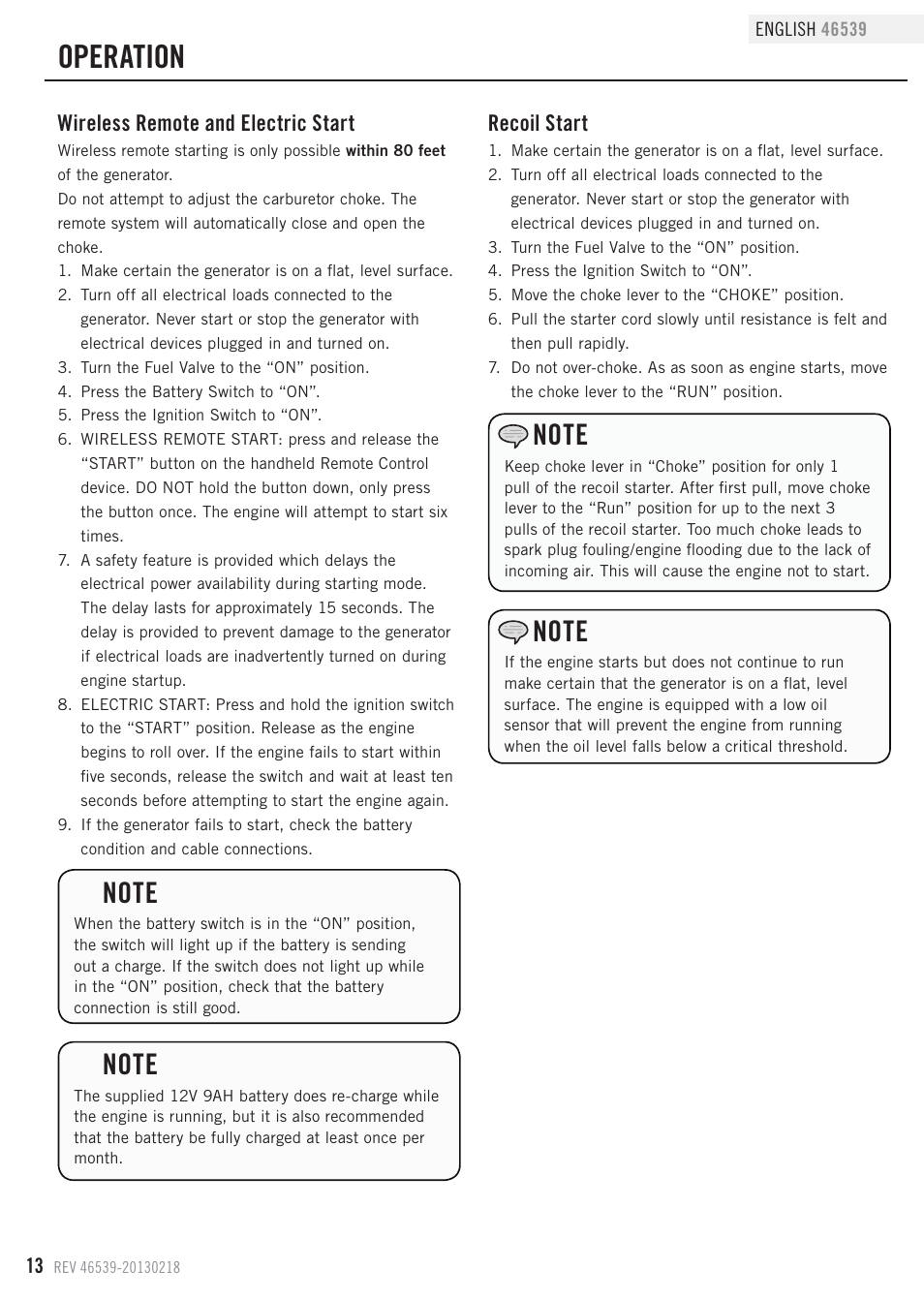 Operation, Wireless remote and electric start, Recoil start | Champion Power Equipment 46539 User Manual | Page 16 / 32