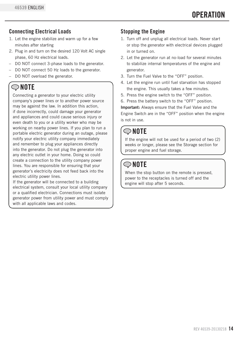 Operation, Connecting electrical loads, Stopping the engine | Champion Power Equipment 46539 User Manual | Page 17 / 32