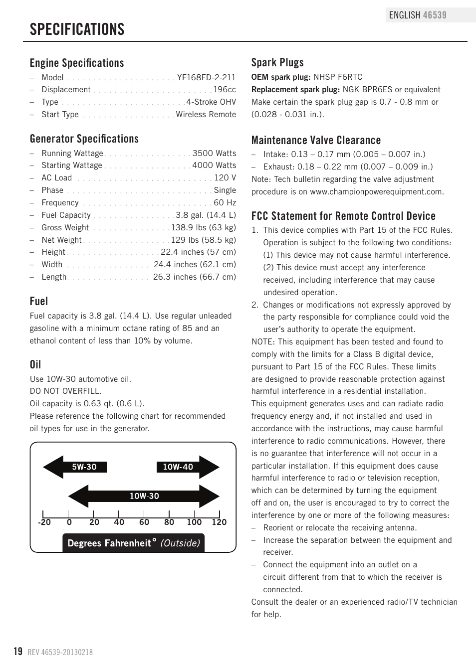 Specifications, Engine specifications, Fcc statement for remote control device | Fuel, Generator specifications, Maintenance valve clearance, Spark plugs | Champion Power Equipment 46539 User Manual | Page 22 / 32