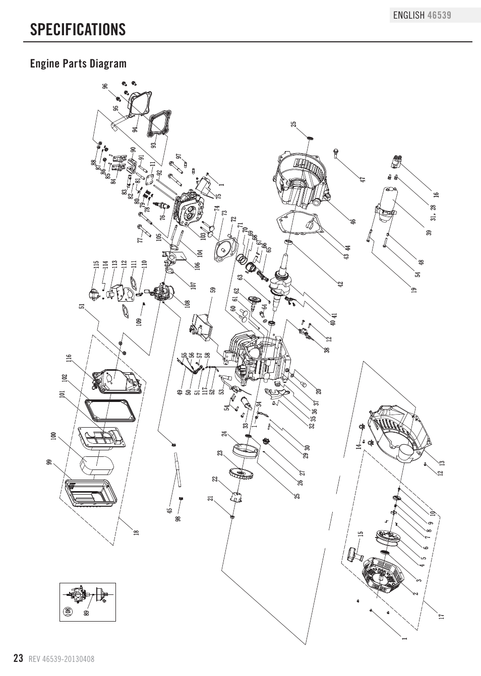 Specifications, Engine parts diagram | Champion Power Equipment 46539 User Manual | Page 26 / 32