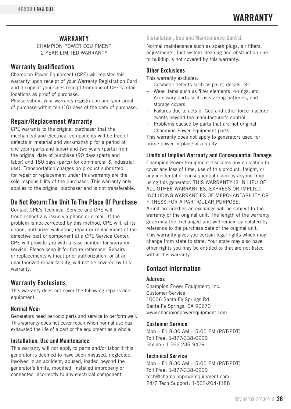 Warranty, Warranty qualifications, Repair/replacement warranty | Do not return the unit to the place of purchase, Warranty exclusions, Contact information | Champion Power Equipment 46539 User Manual | Page 29 / 32