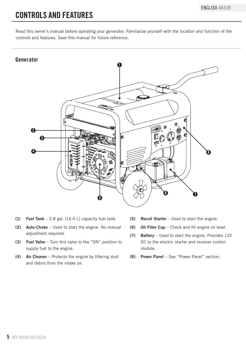 Controls and features, Generator | Champion Power Equipment 46539 User Manual | Page 8 / 32